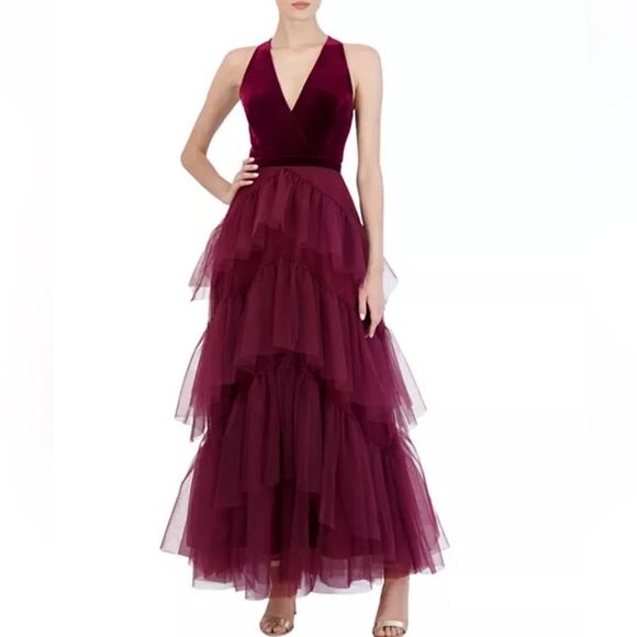 BCBGMAXAZRIA Keyhole Back Velvet & Tiered Tulle Dress, Cabernet Burgundy XL - Picture 6 of 6